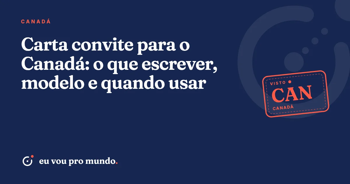 Pessoa assinando carta convite em inglês sobre a mesa, ao lado de passaporte brasileiro e mapa do Canadá