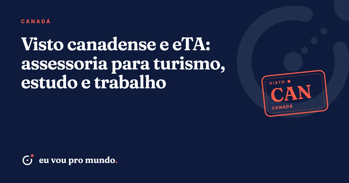 Passaporte brasileiro com bandeira do Canadá e formulário de pedido de visto canadense e eTA sobre a mesa