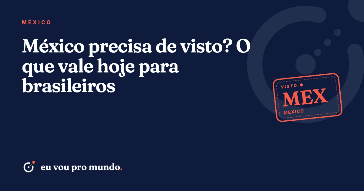 Passaporte brasileiro sobre mapa do México com praia de Cancún ao fundo, ilustrando a exigência de visto