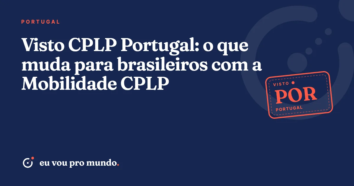 Passaporte brasileiro sobre documentos de visto CPLP com vista de Lisboa ao fundo