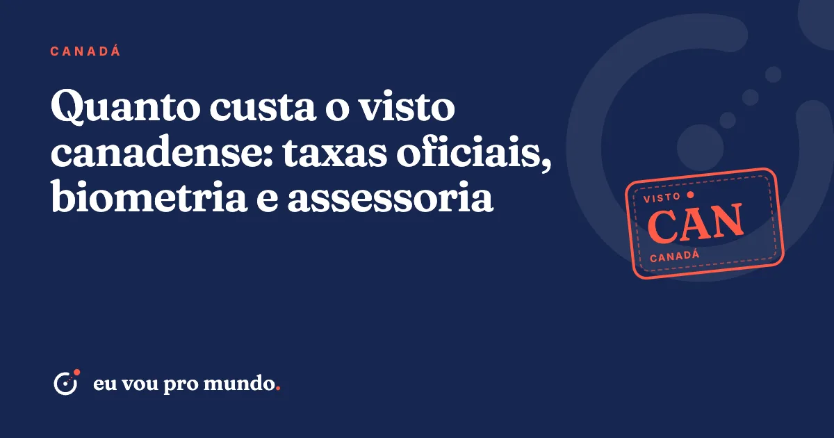 Passaporte brasileiro com bandeira do Canadá e calculadora ao lado, representando as taxas do visto canadense
