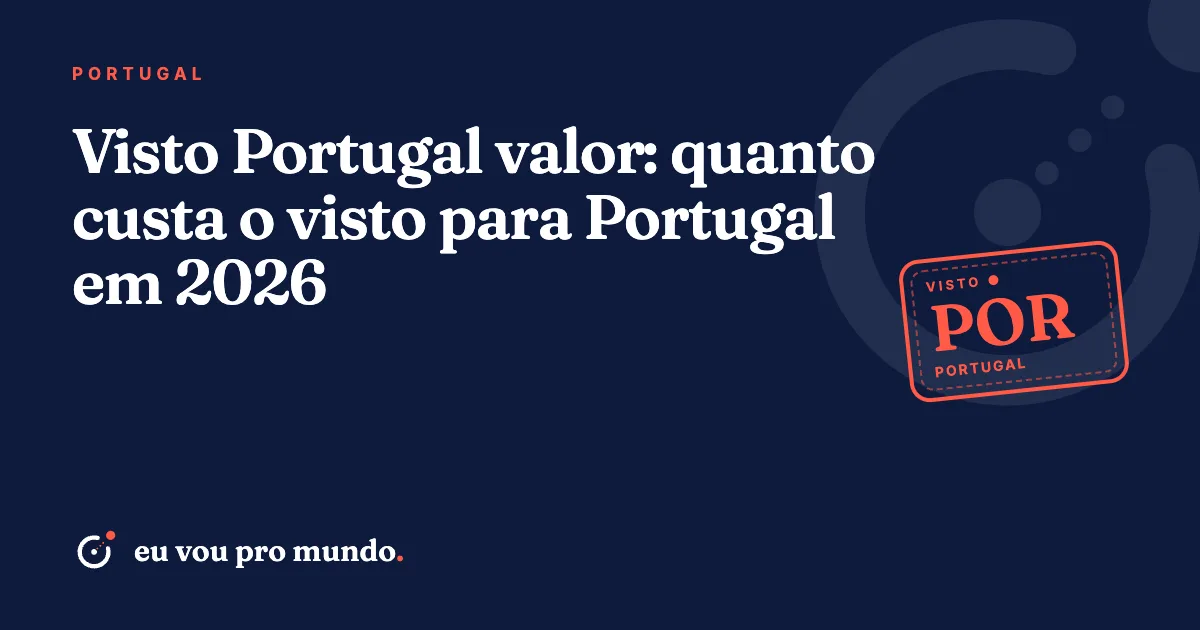 Passaporte brasileiro, notas de euro e formulário de visto para Portugal sobre uma mesa com calculadora