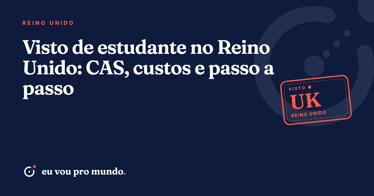 Estudante brasileira com mochila diante de um campus universitário no Reino Unido, segurando passaporte e carta de aceite
